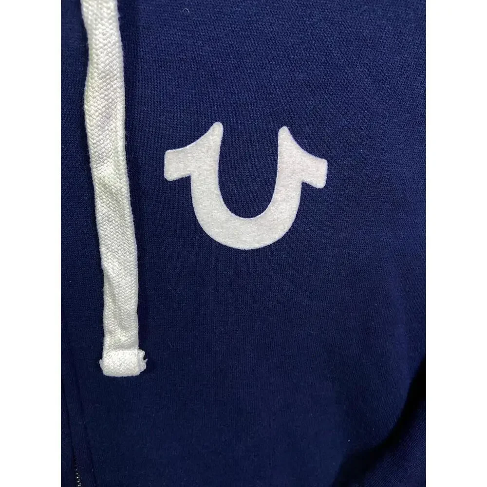 True Religion USA Blue Navy Full Zip Big Buddha Logo Hoodie Large Streetwear EUC